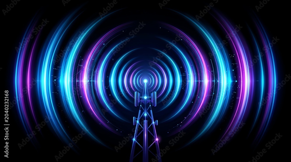 Naklejka premium Futuristic Digital Tunnel with Vibrant Light Circles and Radial Patterns.