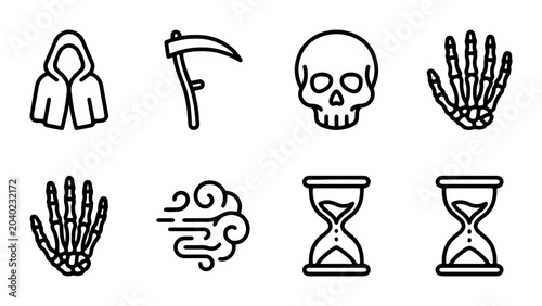 Foto Grim Reaper, Skull, Scythe, Hourglass Icons: Death, Time, Mortality Vector Set