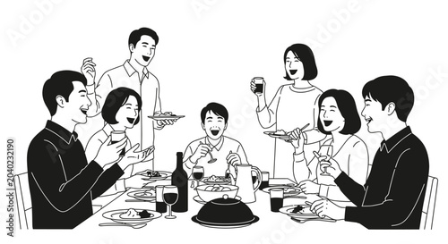 Photos People eating at a dinner table.