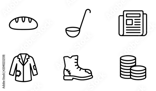 Tableau sur toile Poverty Icons Set: Bread, Ladle, Newspaper, Coat, Boot, Coins, Social Issues, Ch