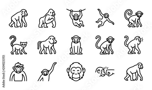 Photography Monkey Icon Set, Primate Vector Graphics, Ape Collection, Chimpanzee and Gorilla