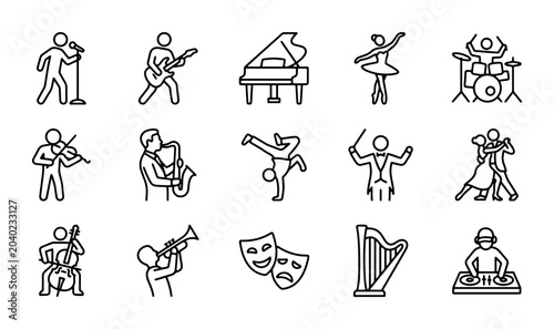 Photography 15 Music and Dance Icons, Vector Art Set: Performance, Concert, Ballet, DJ, Orch