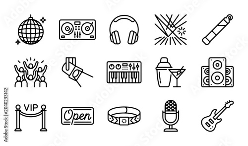 Konstfotografi Nightclub Icons Set: Disco Ball, DJ Deck, Headphones, VIP, Music, Party Elements