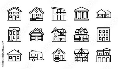 Tablou pe pânză Diverse Architectural Styles Vector Icons: Modern Homes, Classic Houses, Buildin