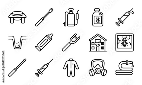 Bild auf Leinwand Pest Control Icons Set: Extermination Tools, Protective Gear, Sprayers, Syringes