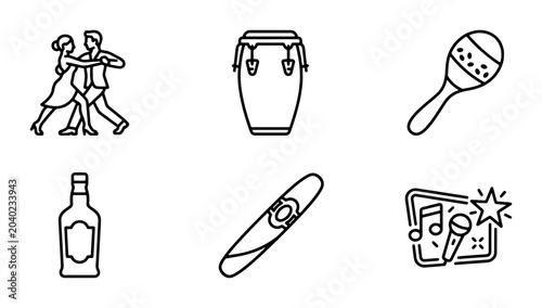 Fotografía Latin Dance Couple, Conga Drum, Maraca, Bottle, Cigar, Karaoke Icons Set: Music,