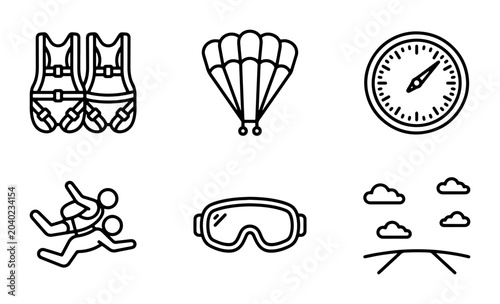 Photos Skydiving Icon Set: Parachute, Harness, Goggles, Altitude Meter, Tandem Jump, Cl