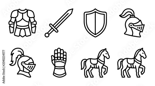Foto Medieval Knights Set: Armor, Swords, Shields, Helmets, Horses, Gauntlets, Vector