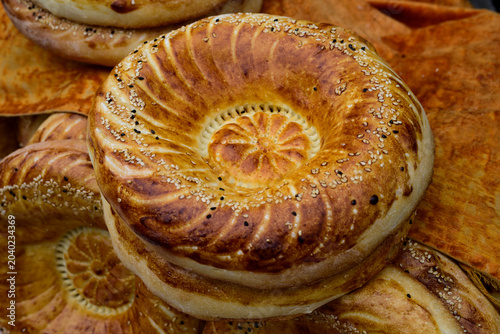Traditional Non Bread or Uzbek Flatbread at the Chorsu Bazaar in Tashkent, Uzbekistan
