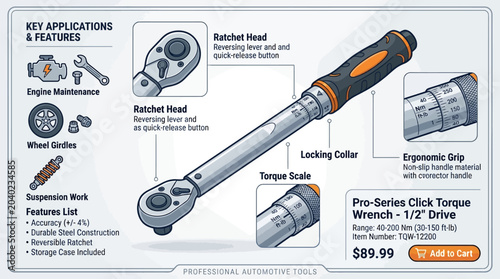 Foto Close-up view of a Pro-Series Click Torque Wrench with 1/2 Drive on a product information card with detailed specifications and features