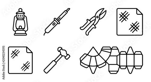 Photos Crafting Tools Set: Soldering Iron, Tin Snips, Hammer, Lantern, Paper Templates,