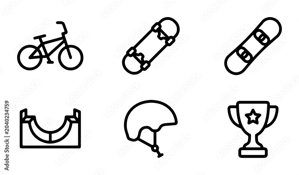 Fototapeta premium Extreme Sports Icons Set: BMX, Skateboard, Snowboard, Ramp, Helmet, Trophy Vector Graphics