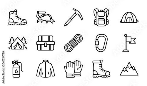 Schilderij op canvas Mountain Climbing Gear Icons Set, Outdoor Adventure Equipment Vector Collection,