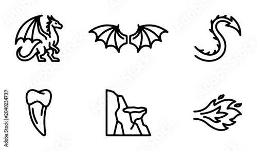 Photos Mythical Dragon Icons, Fantasy Creature Elements, Fire Breath & Wings, Vector Se
