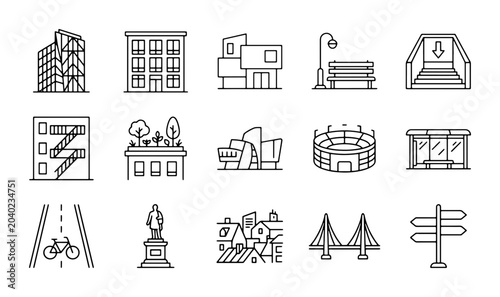 Quadro su tela Modern City Buildings and Landmarks Vector Icons Set, Urban Architecture and Inf