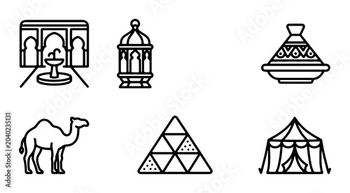 Photos Moroccan Icons Set: Camel, Tent, Fountain, Lantern, Tagine Dish, Arches