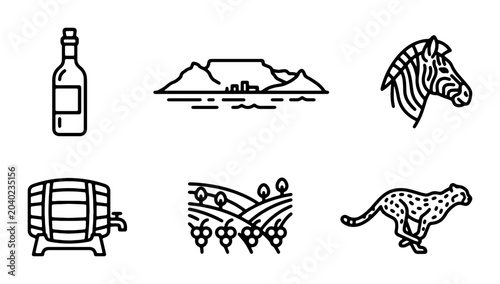South Africa Icons: Wine, Table Mountain, Zebra, Barrel, Vineyard, Cheetah Vector Set