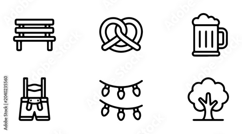 Konstfotografi Oktoberfest Icons: Beer Mug, Pretzel, Lederhosen, Bench, Lights, Tree Vector Set