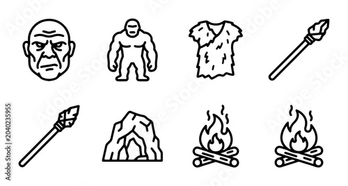 Bild auf Leinwand Prehistoric Icons: Caveman, Bigfoot, Fire, Spear, Cave, Animal Skin, Ancient Man