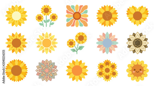 Collection of various stylized sunflower illustrations in different shapes and colors, featuring a retro aesthetic.
