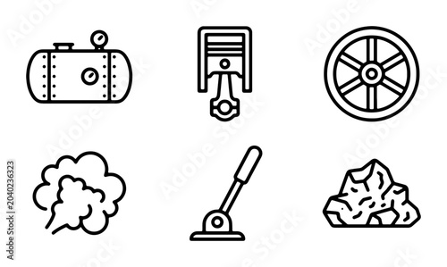 Photos Industrial Machine Parts Icons Set, Vintage Steam Engine Components, Retro Mecha