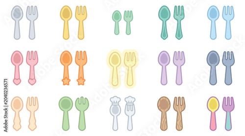 Foto Collection of colorful cartoon spoons and forks in various sizes and styles
