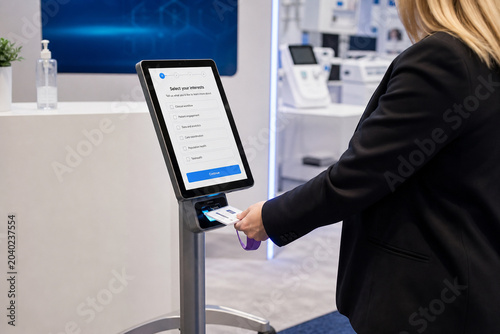 A person stands in front of a digital check-in kiosk at an expo. The individual scans a badge and selects options on the screen. The setting has a modern design with exhibition displays.