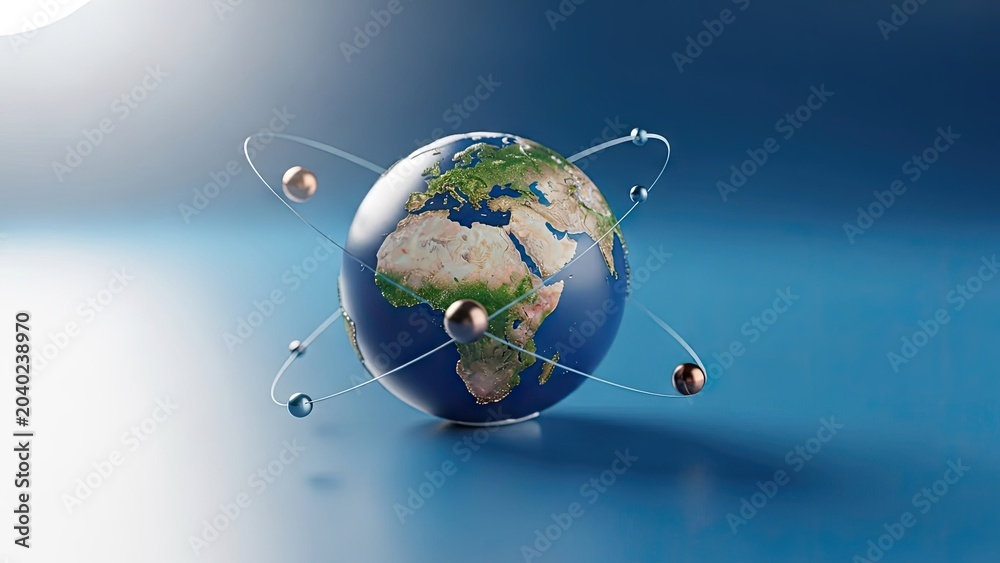 Naklejka premium Conceptual globe with orbiting spheres depicting global science and data