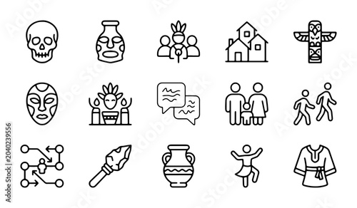 Cuadro en lienzo Indigenous Culture Icons Set: Tribal Masks, Totem Pole, Village, Family, Rituals
