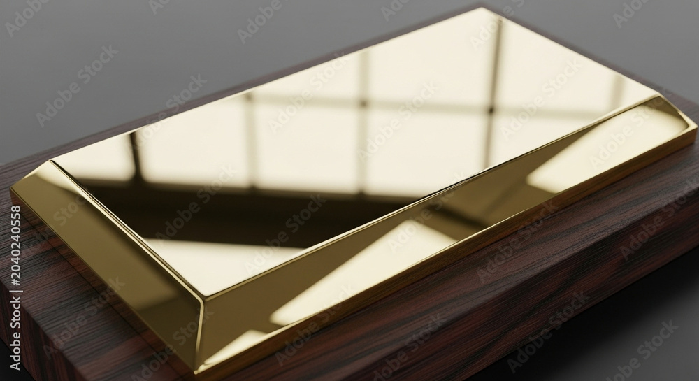 Fototapeta premium Luxurious polished gold bar, gleaming with reflective highlights, resting on a dark polished wooden base, suggesting wealth, value, and investment in a sophisticated, minimalist aesthetic.