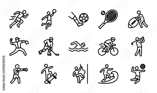 Photography Modern Sports Icons Set, Active Lifestyle Vector Graphics, Fitness and Recreatio
