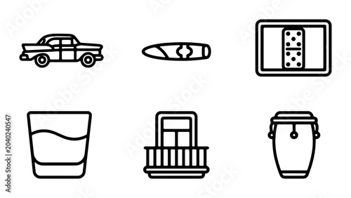 Bild auf Leinwand Cuban Icons Collection: Retro Car, Cigar, Dominoes, Drink, Balcony, Conga Drum