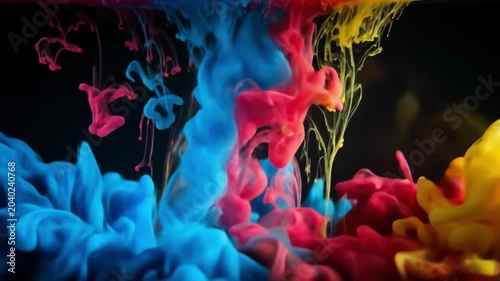 Colorful ink plumes mix in water against a dark background