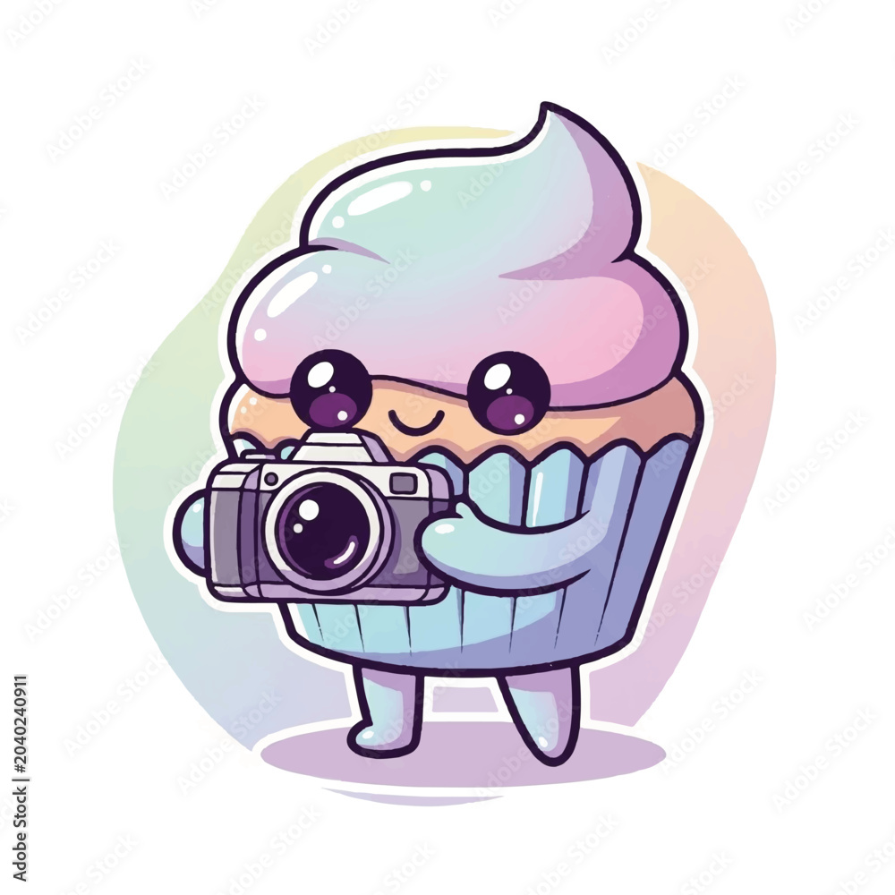 Fototapeta premium Cute Cupcake Character Holding a Camera.