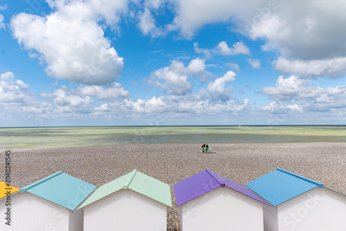 Konstfotografi Views of ocean beach and colourful beach huts or cabins in Le Treport, seaside r