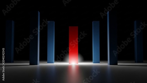 The Glowing Red Pillar Stands Out Amidst a Row of Blue Pillars in a Dark Setting, Symbolizing Individuality and Distinction