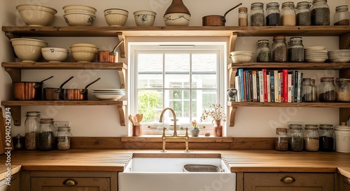 Cozy kitchen interior with wooden shelves and white sink