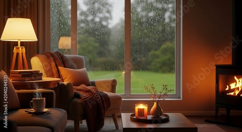 Peaceful Home Interior Scene Cozy Fireplace Warm Blanket Soft Lighting and Steaming Cup on Rainy Day