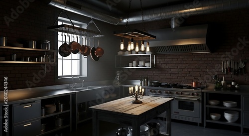 Modern kitchen interior with brick walls and wooden table