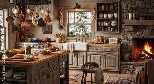 Rustic Cozy Kitchen Interior with Stone Fireplace and Sleeping Cat Warm Winter Ambiance