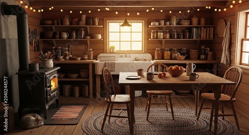 Inviting Rustic Cabin Kitchen Interior Warm Wooden Dining Space with Fireplace and Charming Bohemian Decor