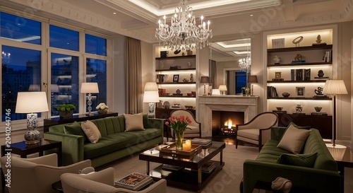 Luxurious Living Room Interior Elegant Velvet Sofas Cozy Fireplace and Stunning City View at Dusk