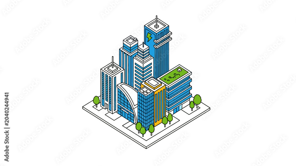 Obraz premium Isometric Smart City Skyscrapers with Green Energy and Sustainable Architecture Illustration on White Background