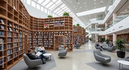 Modern University Library Interior with Students Reading and Studying in a Bright, Open Space