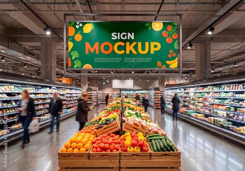 Hanging supermarket banner mockup above produce aisle
