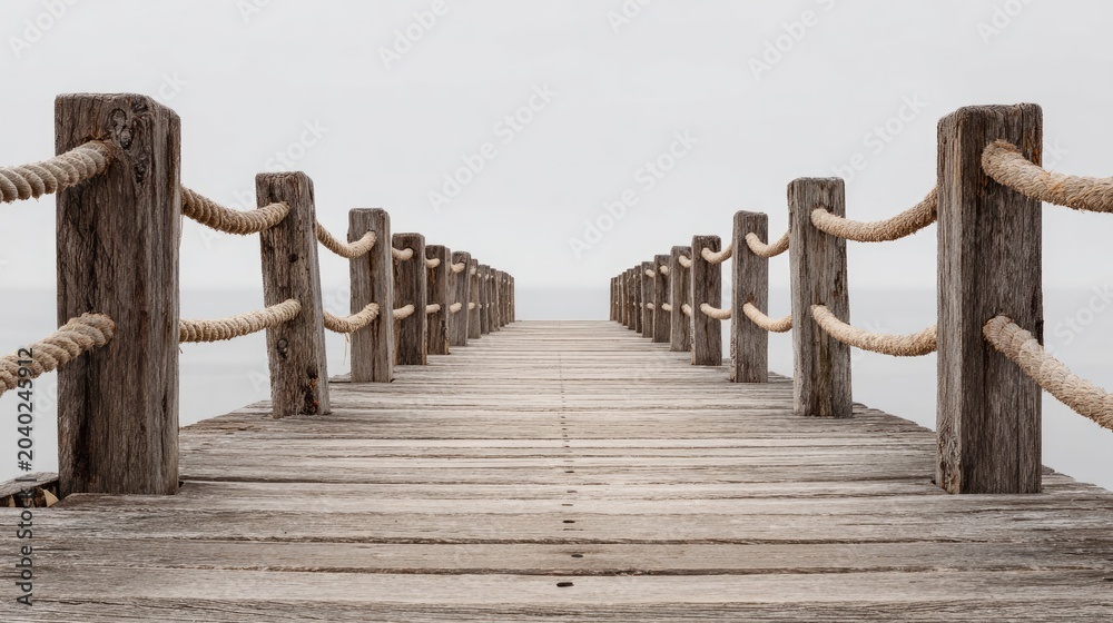 Obraz premium Wooden Pier Stretching into a Misty Horizon Over Calm Water.