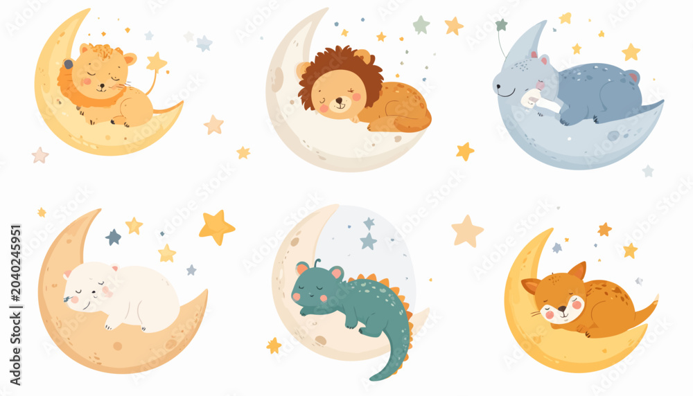 Obraz premium Cute Baby Animals Sleeping Peacefully on Crescent Moons with Twinkling Stars.