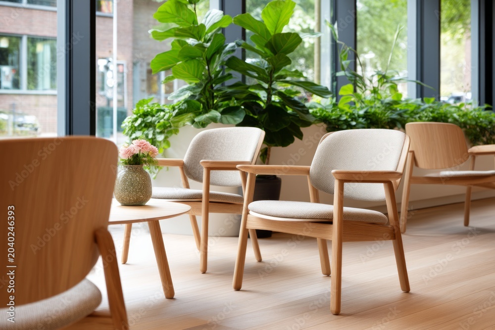 Fototapeta premium Cozy Scandinavian Waiting Area with Wooden Chairs and Lush Greenery for Relaxation