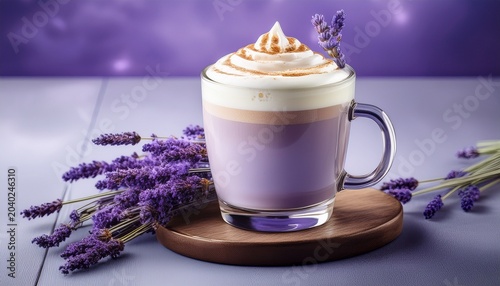 elegant lavender latte with whipped cream in glass mug and lavender flower decoration