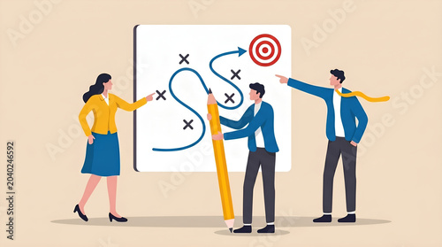 Business team collaboratively plans strategic path to achieve company goals, outlining solutions and overcoming challenges with effective teamwork